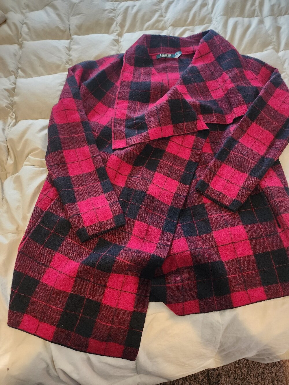 Womans Ralph Lauren Red and Black Plaid Open Cardigan 100% Wool Sp